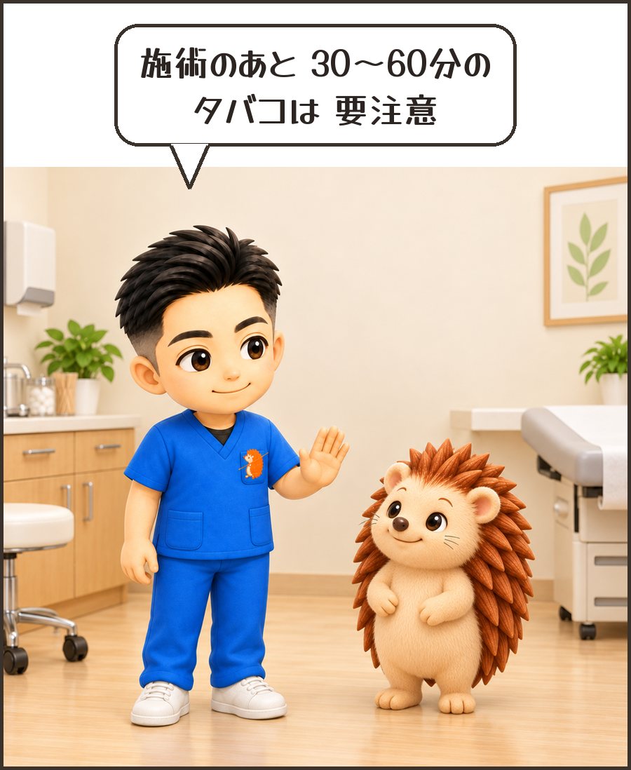 院長「施術のあと 30〜60分の タバコは 要注意」