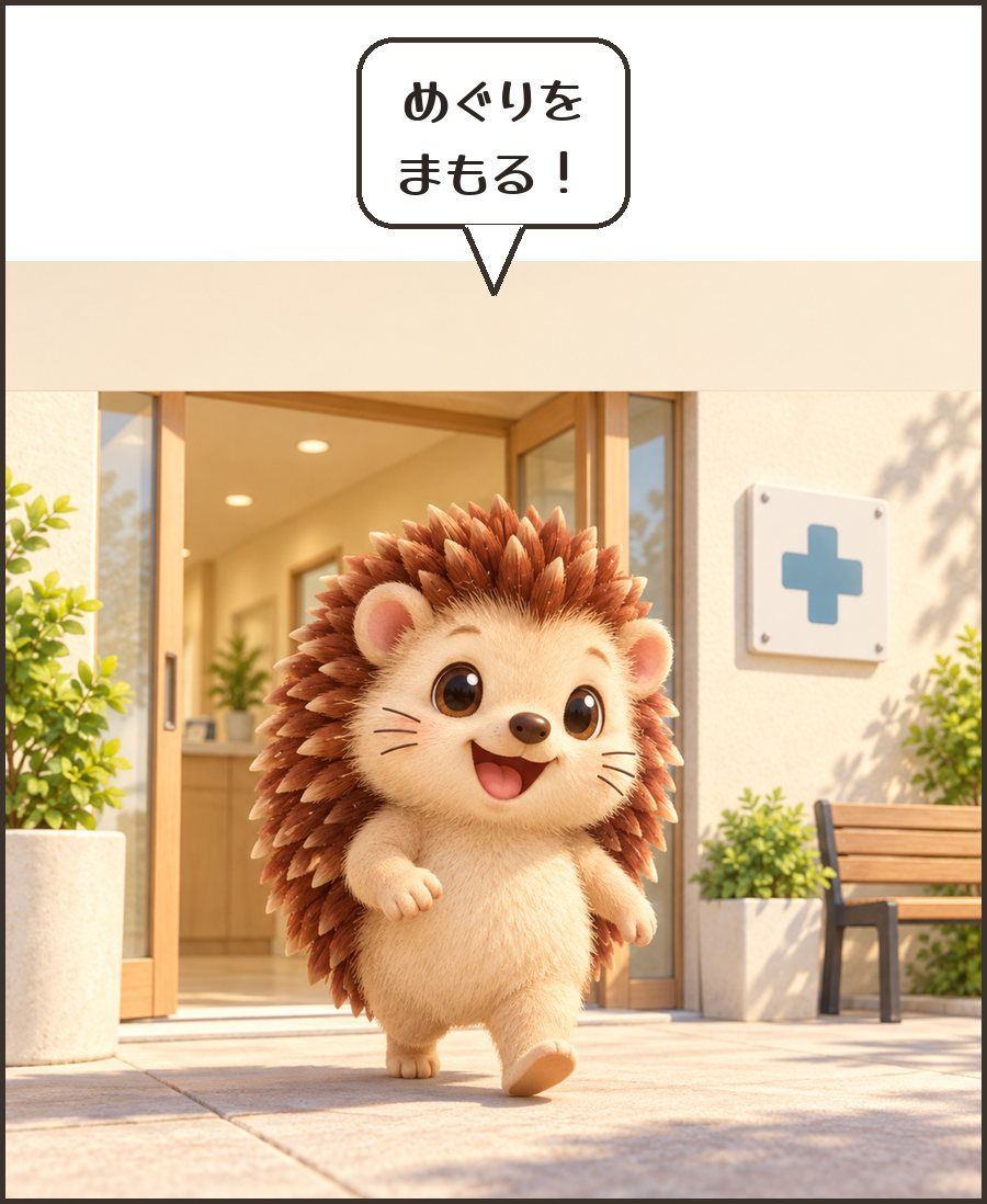 軽い足取りのハリーちゃん「めぐりを まもる！」