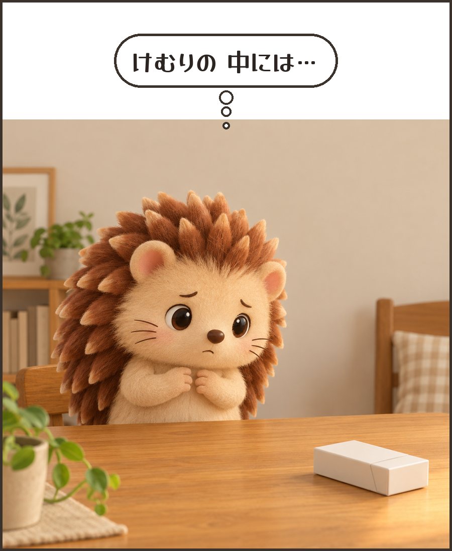 たばこの箱を心配そうに見るハリーちゃん「けむりの 中には…」