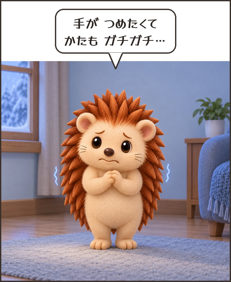 手をこするハリーちゃん「手が つめたくて かたも ガチガチ…」