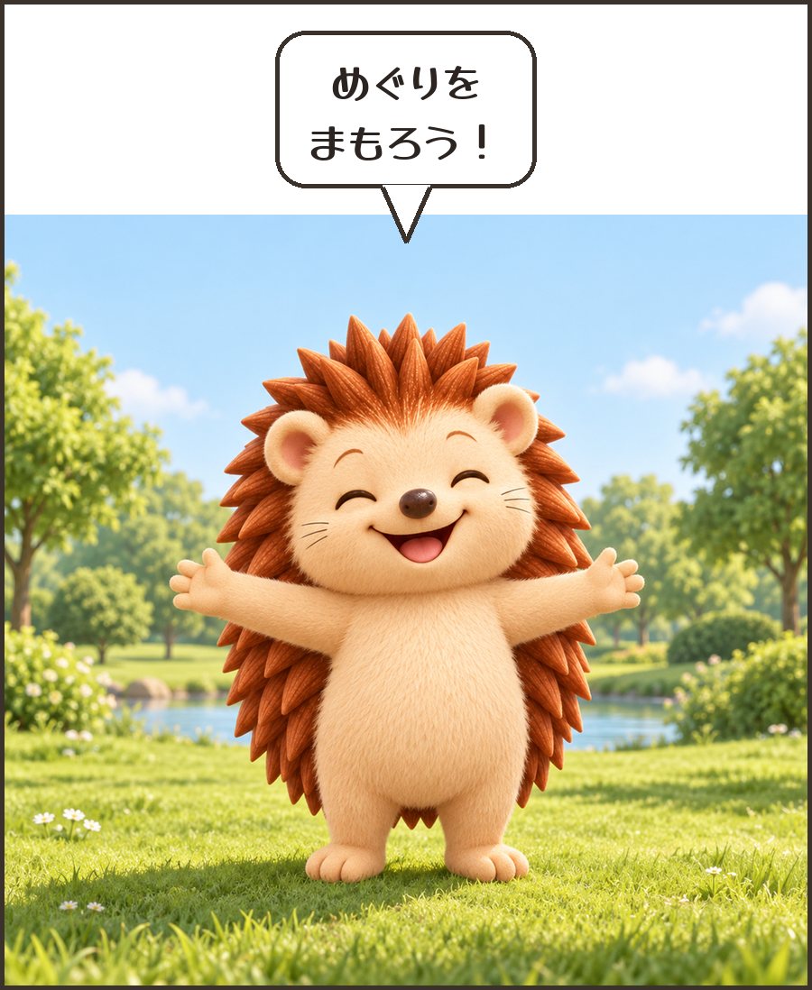 公園で深呼吸するハリーちゃん「めぐりを まもろう!」