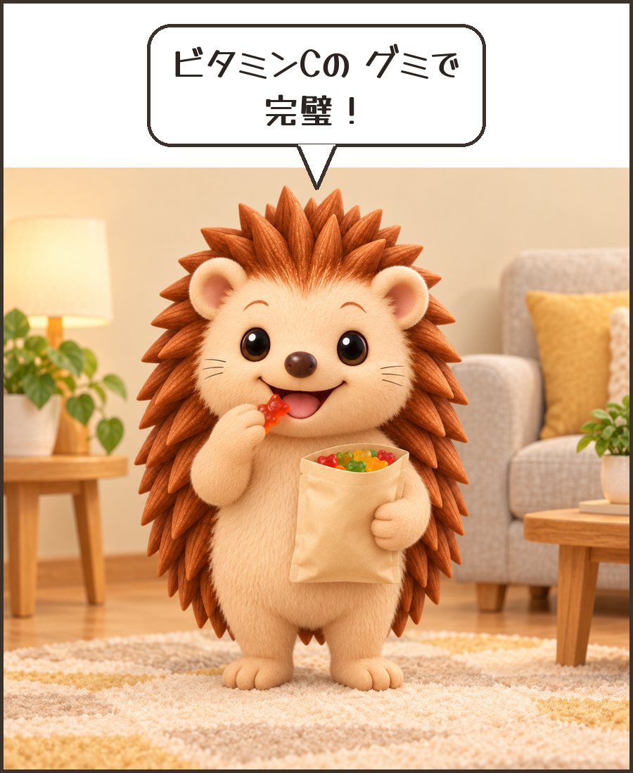 グミを食べるハリーちゃん「ビタミンCの グミで 完璧！」