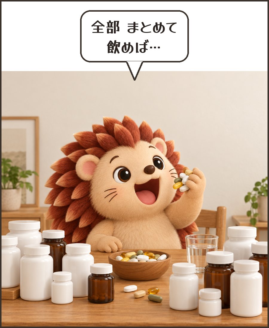 たくさんのサプリを飲もうとするハリーちゃん「全部 まとめて 飲めば…」