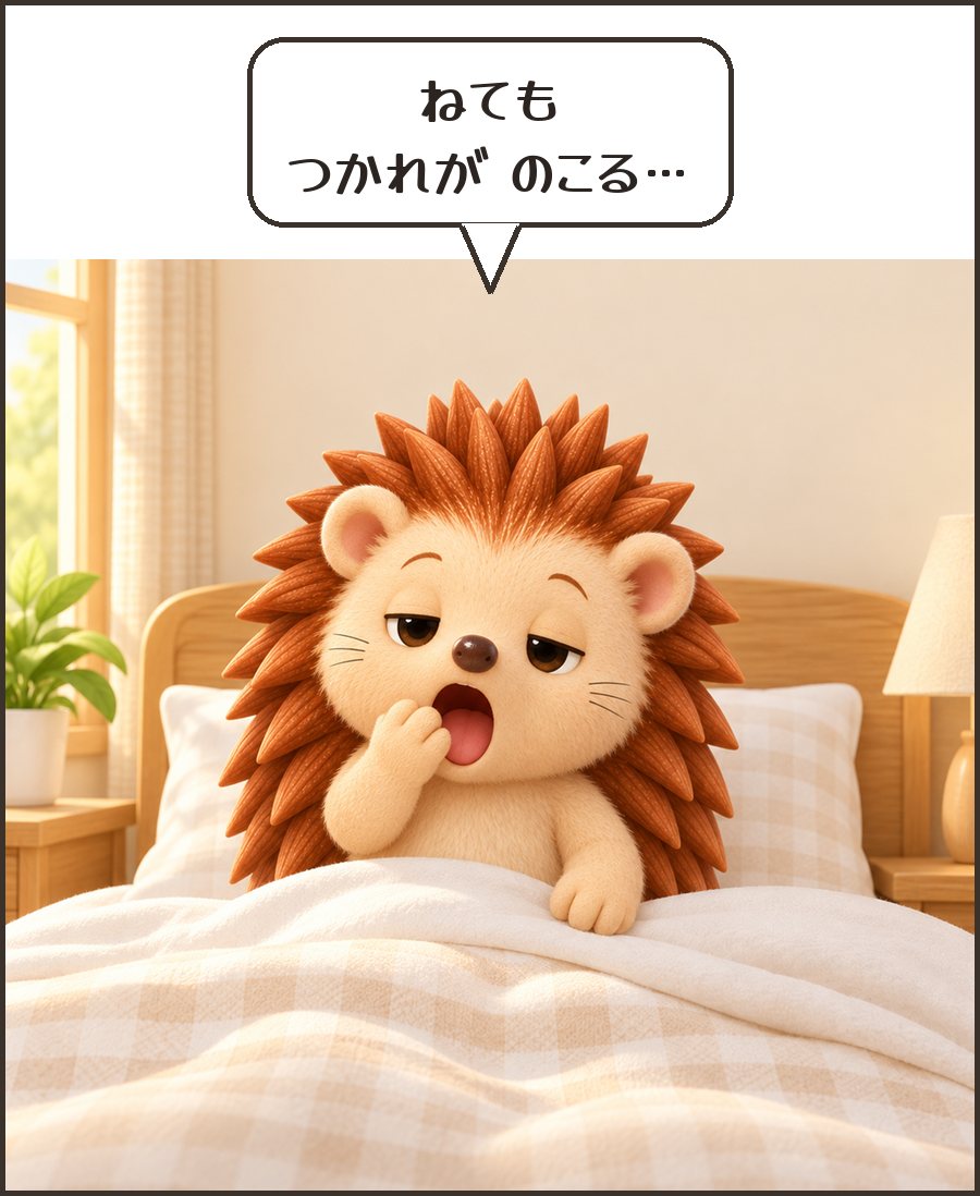 朝あくびをするハリーちゃん「ねても つかれが のこる…」