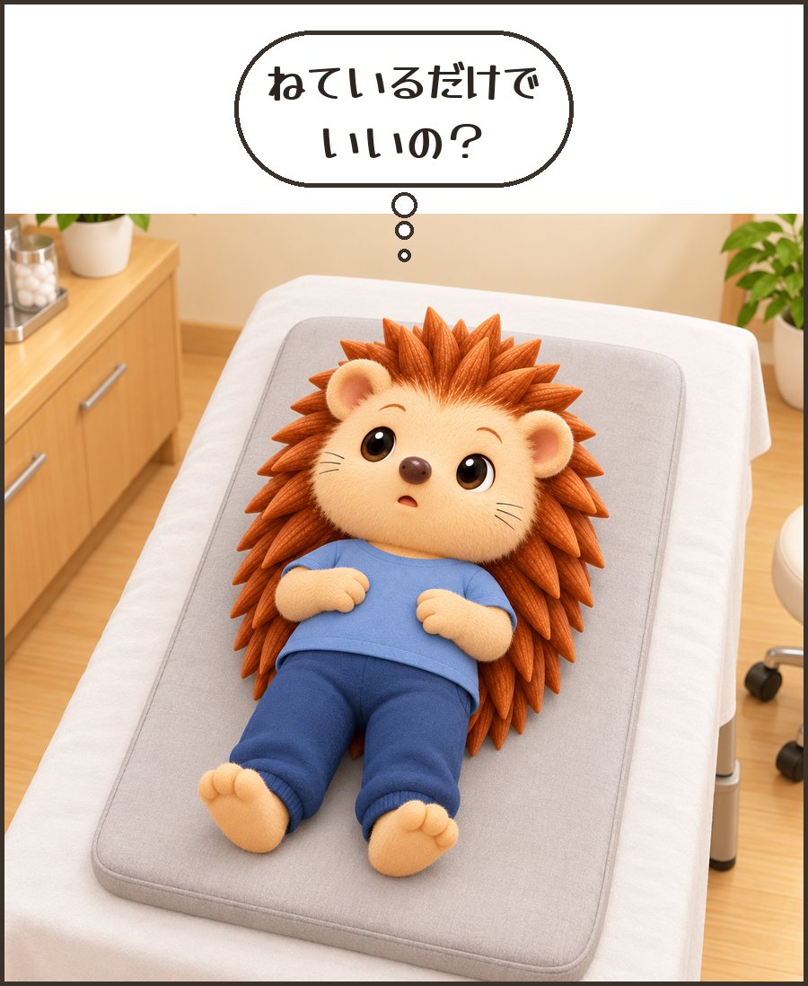 マットに寝るハリーちゃん「ねているだけで いいの？」