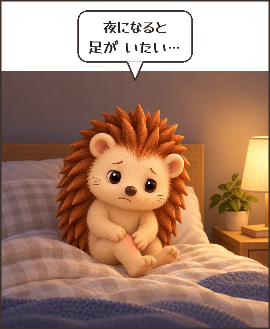 夜中にベッドで足をさするハリーちゃん「夜になると 足が いたい…」