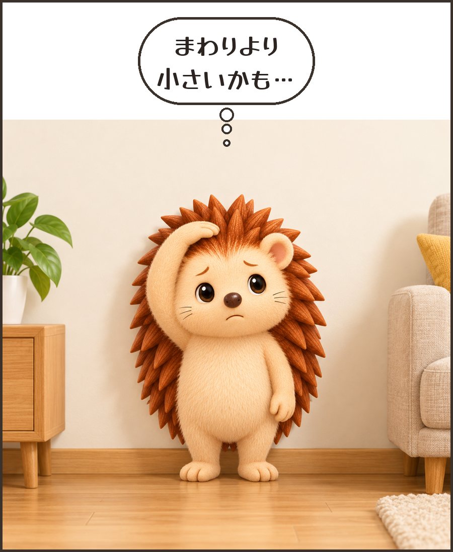 壁で背を比べるハリーちゃん「まわりより 小さいかも…」