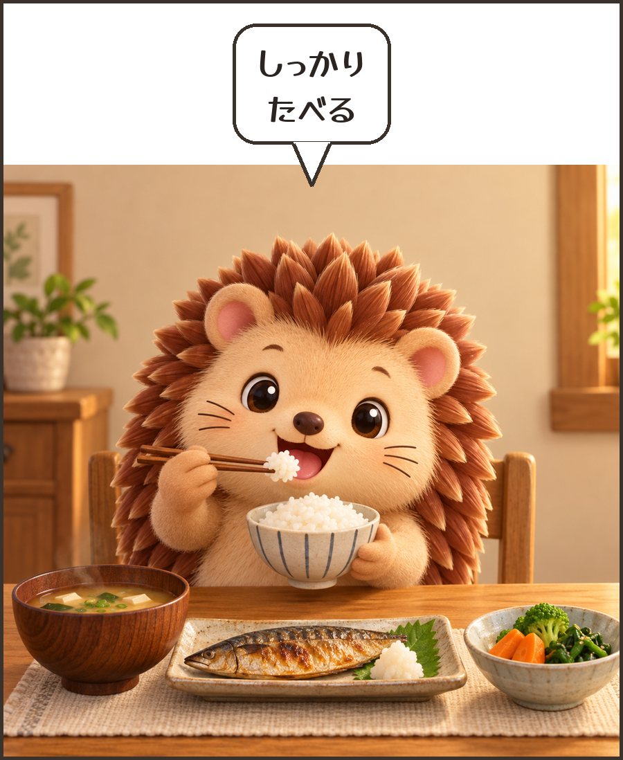 ごはんを食べるハリーちゃん「しっかり たべる」