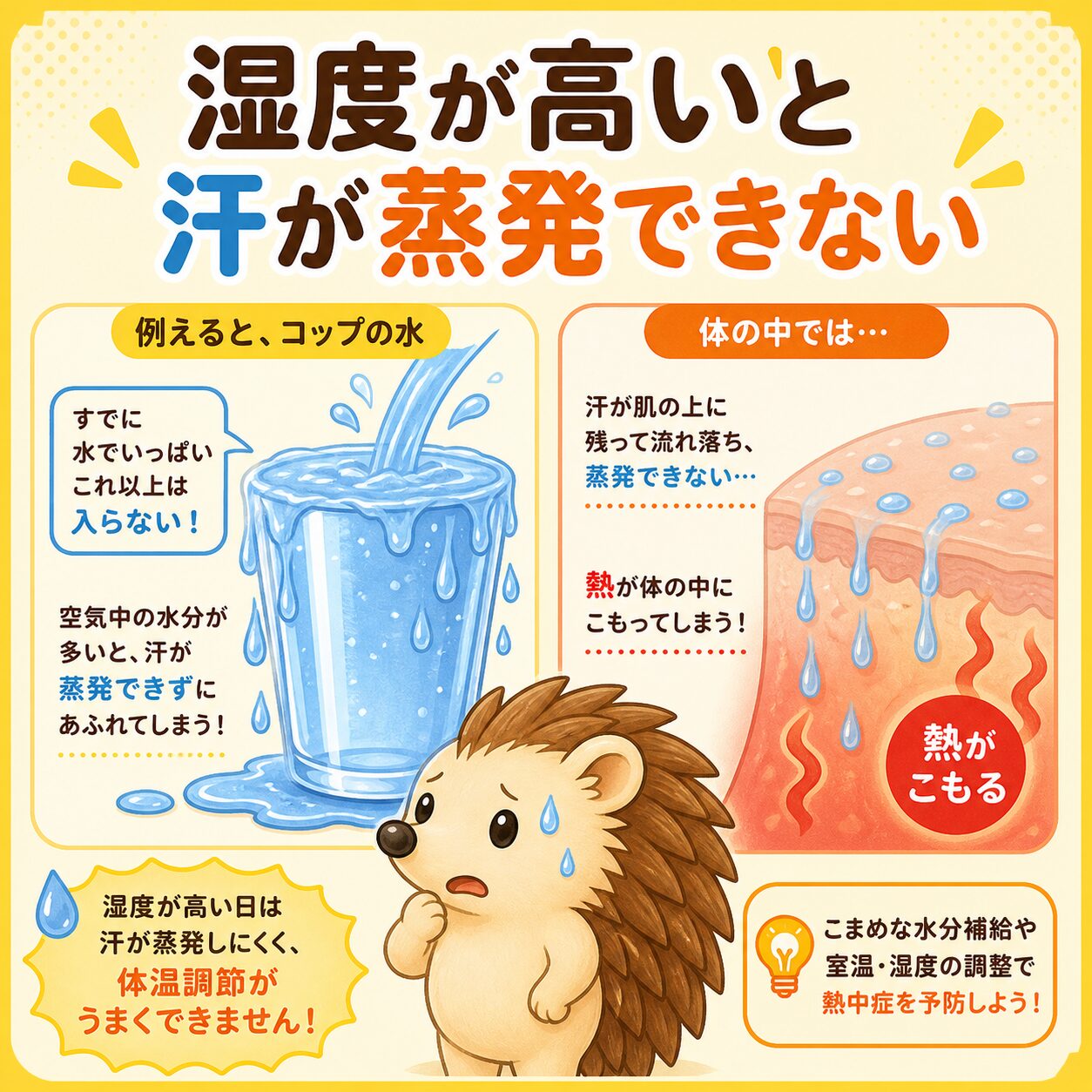 湿度が高いと汗が蒸発できず熱がこもる（満杯のコップの例え）