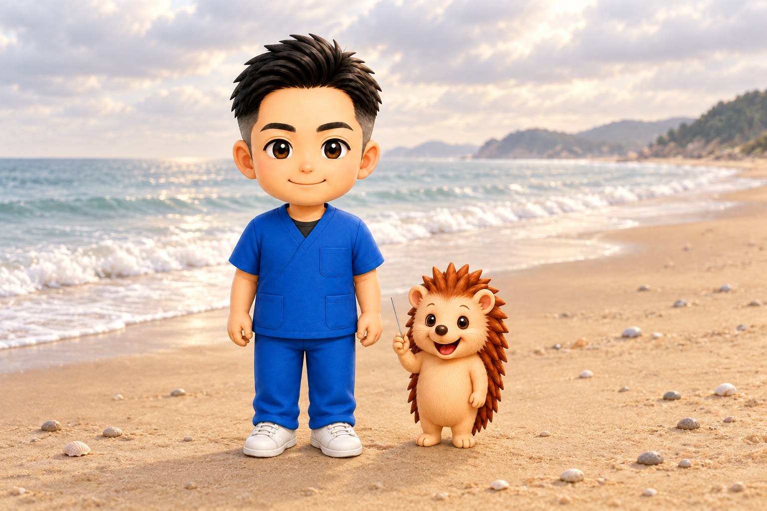 砂浜に並んで立つ、和からだみなおし処の院長とハリーちゃん