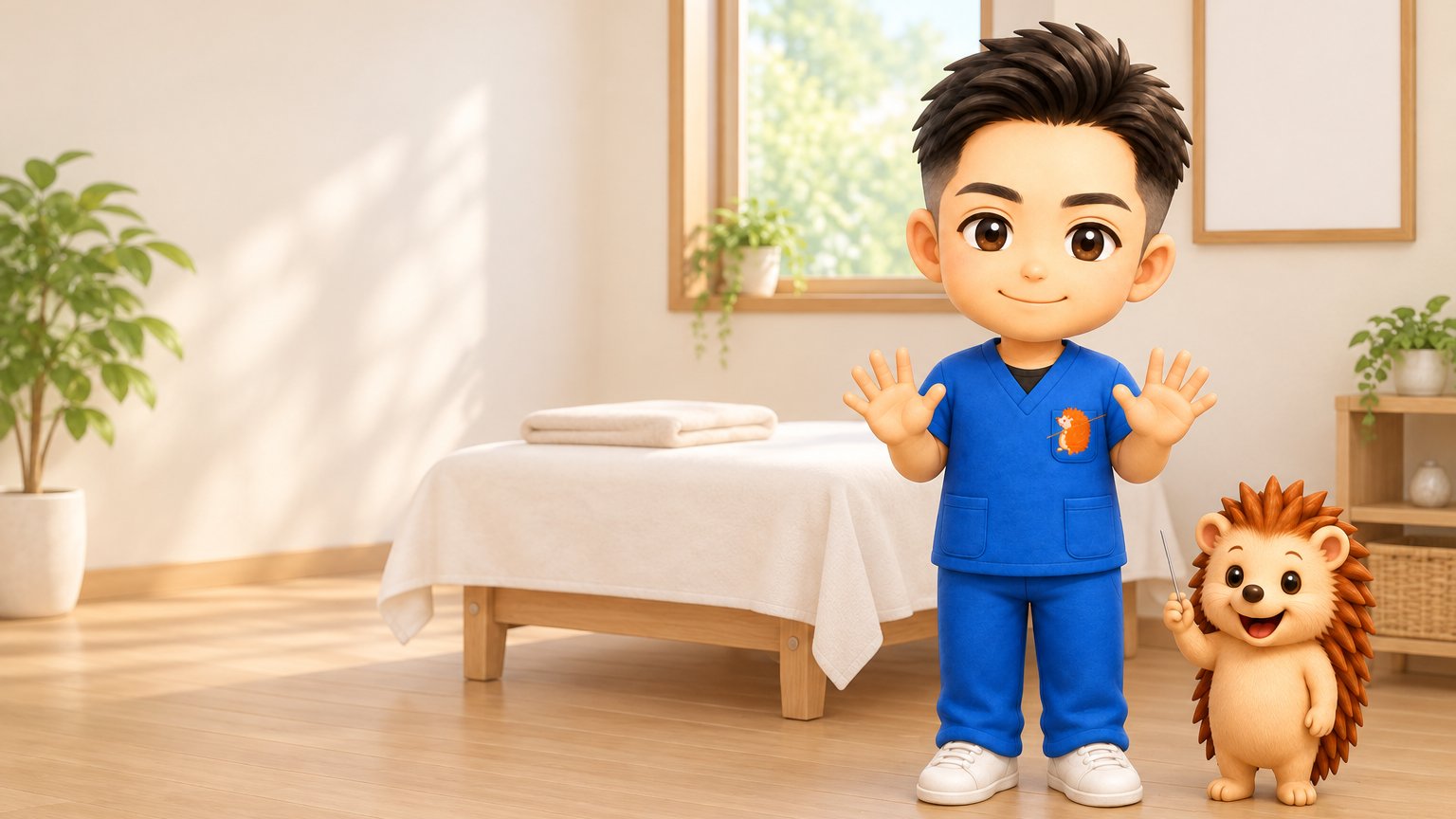 施術室で、和からだみなおし処の院長とハリーちゃんが並んでいるイラスト
